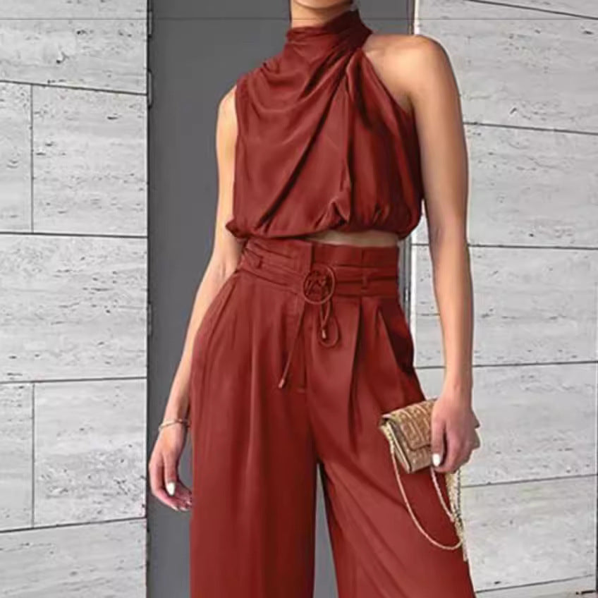 Summer Suits Casual Sleeveless Midriff-baring Top And Wide Leg Pants 2pcs Set Womens Clothing EcoVital Hub