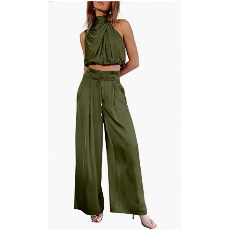 Summer Suits Casual Sleeveless Midriff-baring Top And Wide Leg Pants 2pcs Set Womens Clothing EcoVital Hub