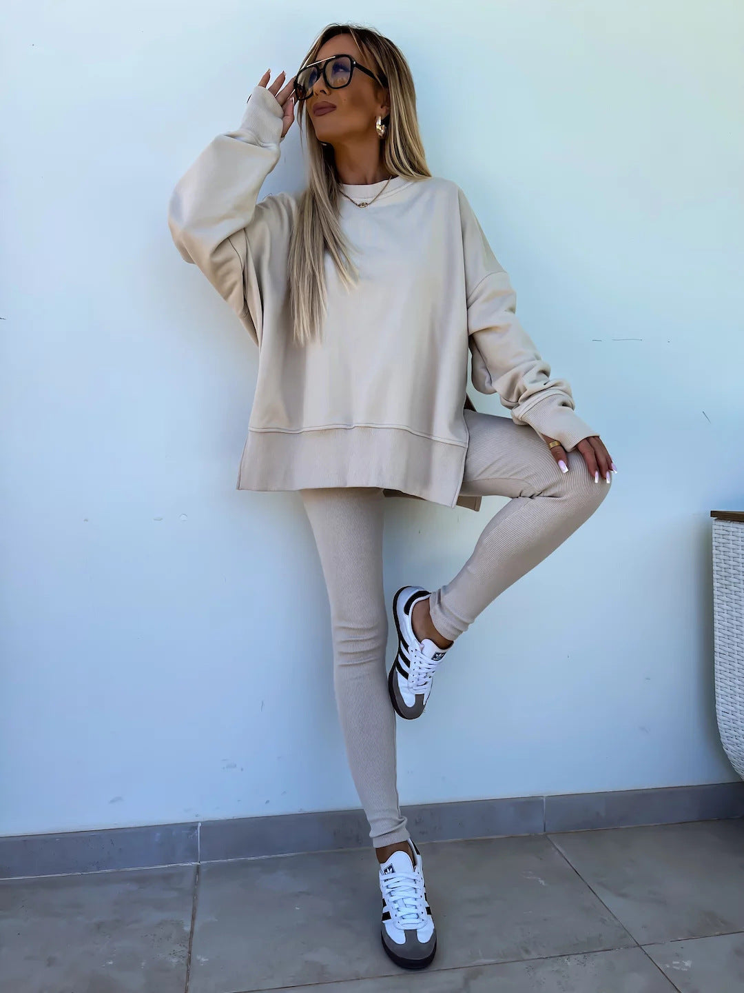 Sweater Suit Women's Casual Loose Long Sleeve Crew Neck Split Top Tight Trousers Acme