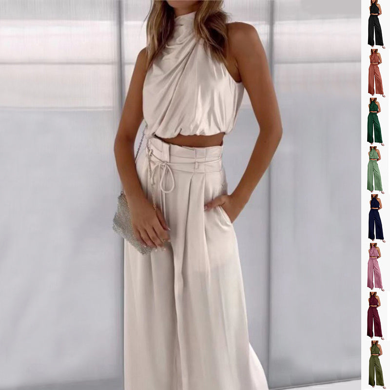 Summer Suits Casual Sleeveless Midriff-baring Top And Wide Leg Pants 2pcs Set Womens Clothing EcoVital Hub