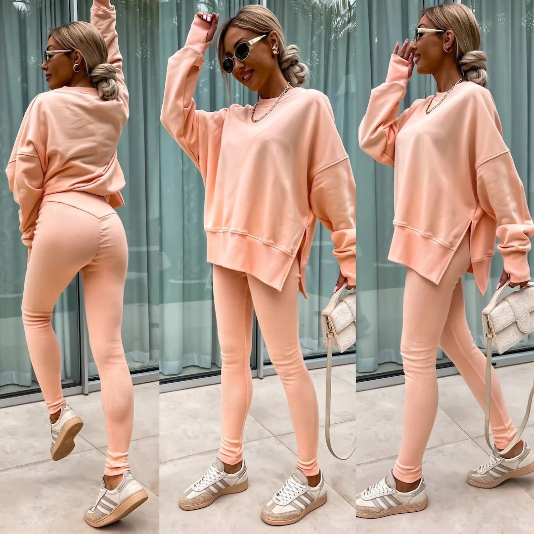 Sweater Suit Women's Casual Loose Long Sleeve Crew Neck Split Top Tight Trousers Acme