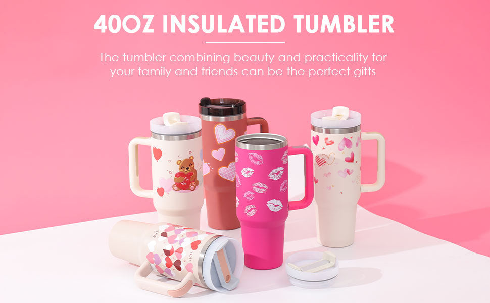 40 Oz Tumbler With Handle Straw Insulated, Stainless Steel Spill Proof Vacuum Coffee Cup Tumbler With Lid Tapered Mug Gifts For Valentine Lover Suitable For Car Gym Office Travel EcoVital Hub