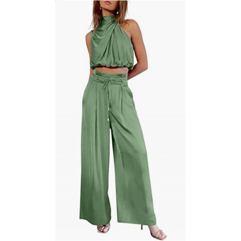 Summer Suits Casual Sleeveless Midriff-baring Top And Wide Leg Pants 2pcs Set Womens Clothing EcoVital Hub