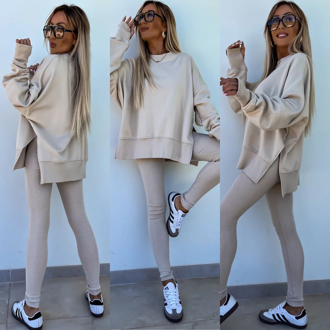 Sweater Suit Women's Casual Loose Long Sleeve Crew Neck Split Top Tight Trousers Acme