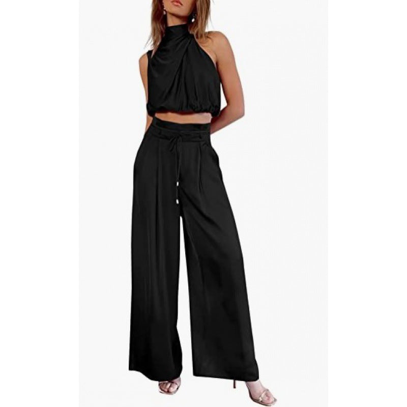 Summer Suits Casual Sleeveless Midriff-baring Top And Wide Leg Pants 2pcs Set Womens Clothing EcoVital Hub
