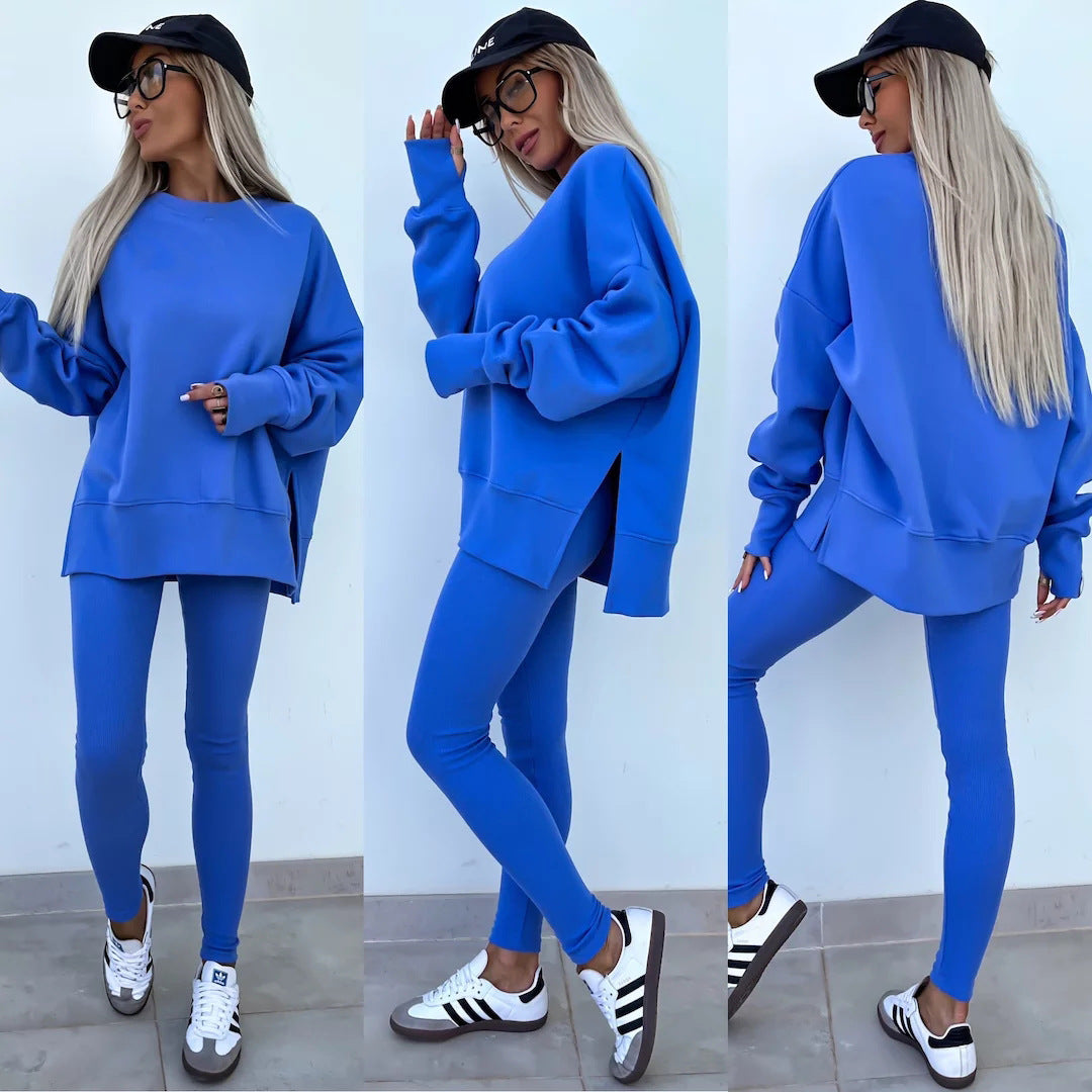 Sweater Suit Women's Casual Loose Long Sleeve Crew Neck Split Top Tight Trousers Acme