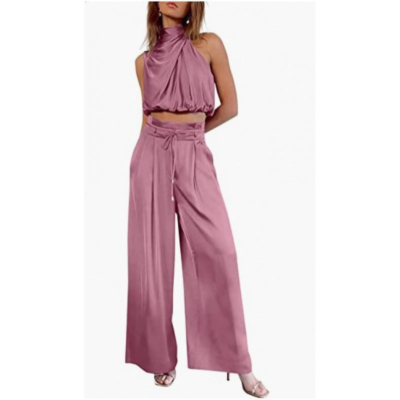 Summer Suits Casual Sleeveless Midriff-baring Top And Wide Leg Pants 2pcs Set Womens Clothing EcoVital Hub