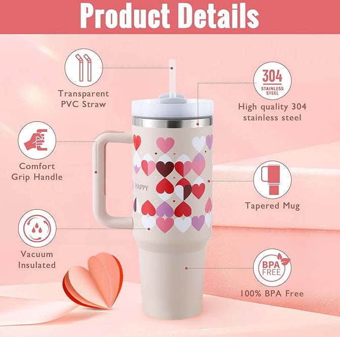 40 Oz Tumbler With Handle Straw Insulated, Stainless Steel Spill Proof Vacuum Coffee Cup Tumbler With Lid Tapered Mug Gifts For Valentine Lover Suitable For Car Gym Office Travel EcoVital Hub