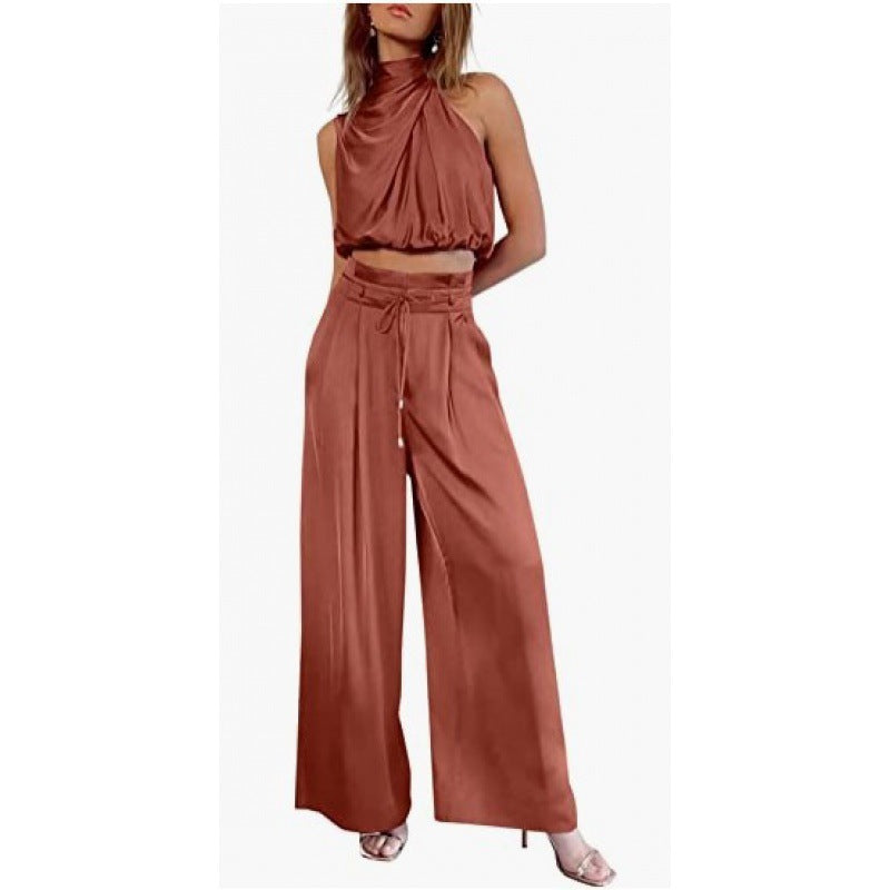 Summer Suits Casual Sleeveless Midriff-baring Top And Wide Leg Pants 2pcs Set Womens Clothing EcoVital Hub